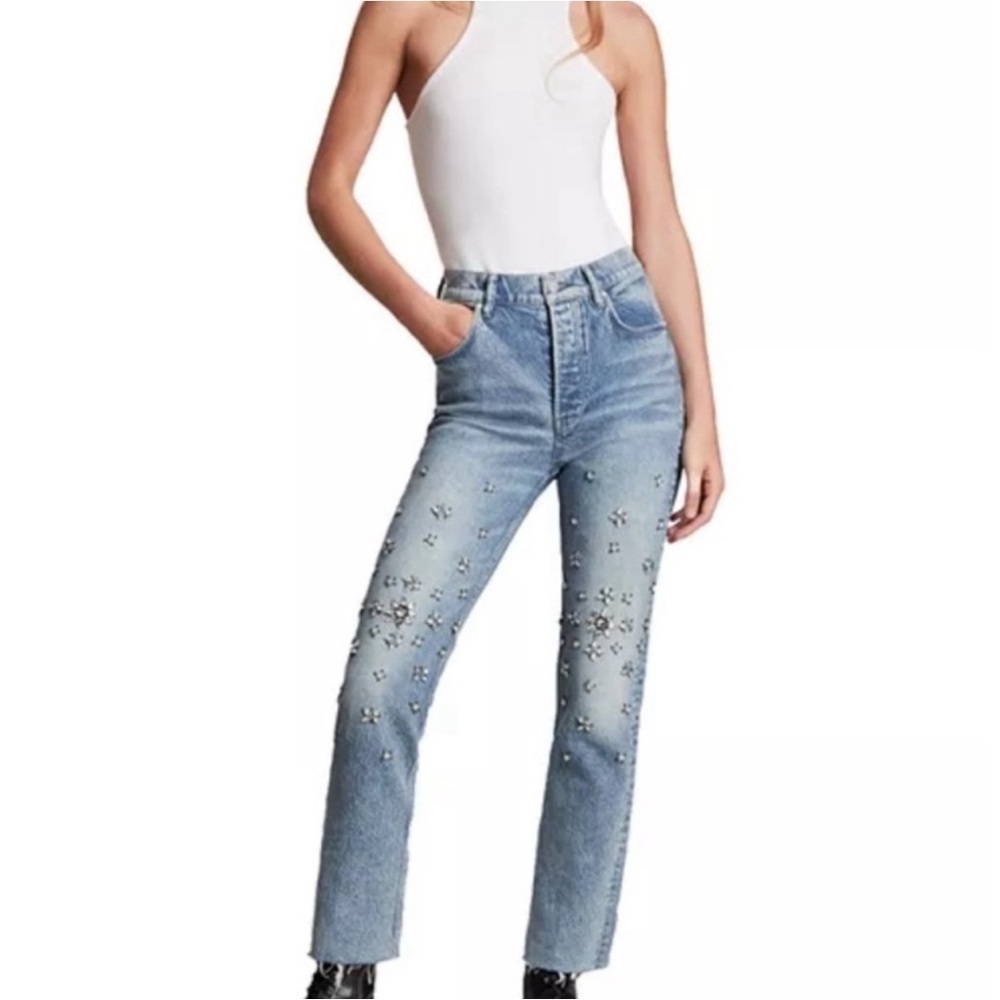 All Saints Light Blue Embellished Straight Leg Jeans